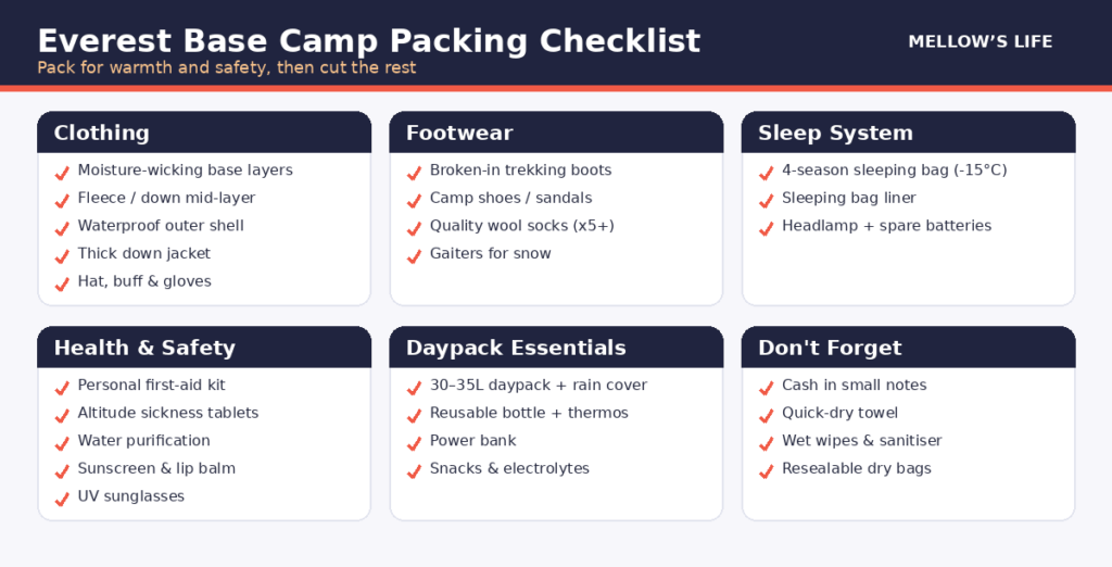 Everest Base Camp packing checklist infographic by category